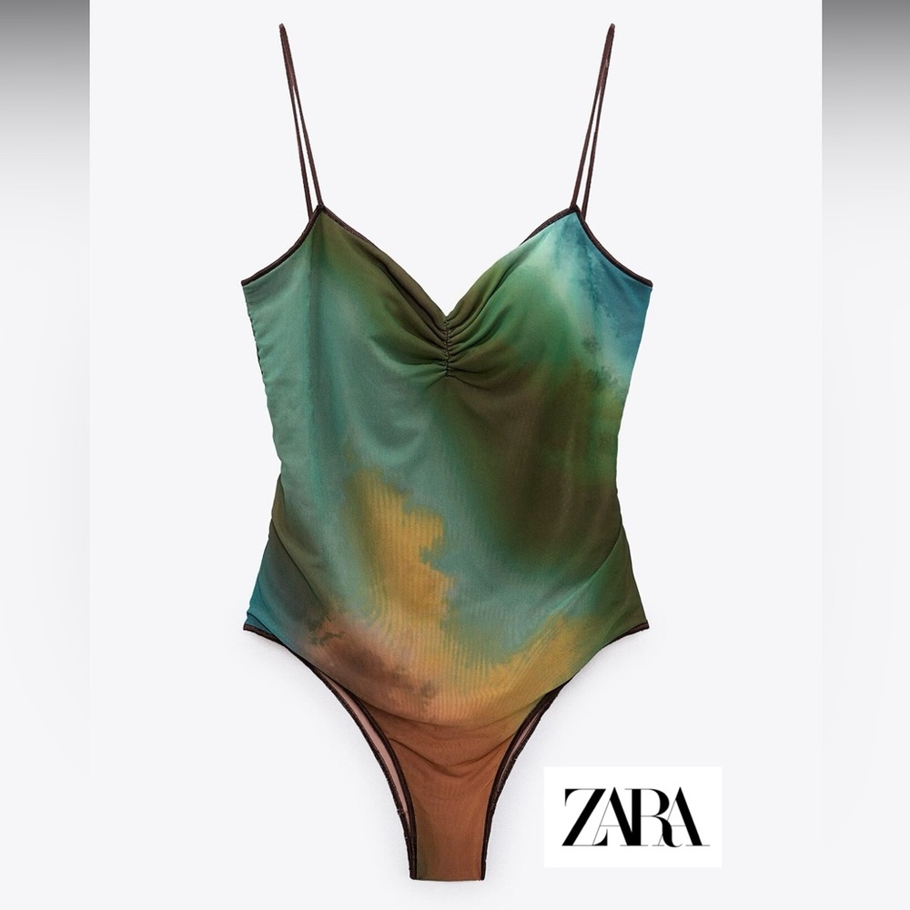 Zara Multicolor Green Teal Brown Tie-Dye One-Piece Swimsuit